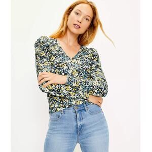 LOFT  Floral Shirred Puff Sleeve Long Sleeve Blouse Top // S